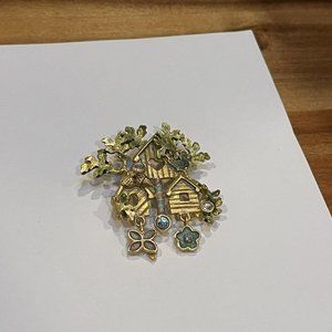 Signed KC Birdhouse Brooch Pin Gold Tone / Pastel Enamel & Rhinestone